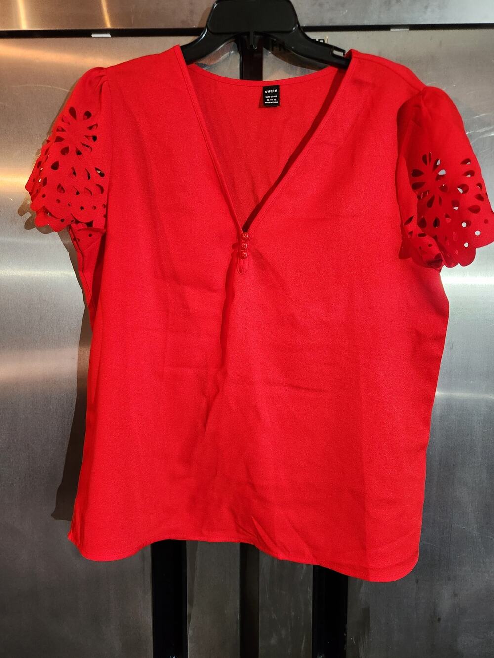 Shein Red Eyelet Lace Sleeve V-Neck Top Size XL